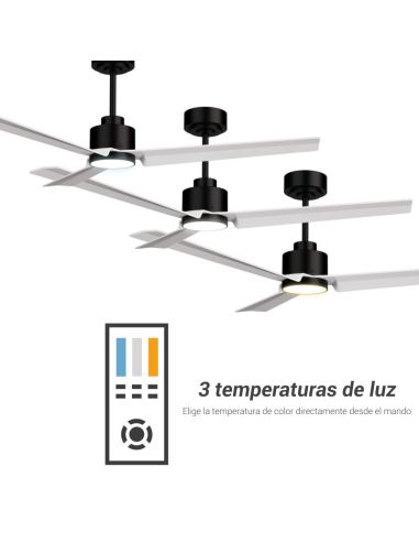 Ventoinha de teto LED Anne, preto com pás brancas, corrente contínua para espaços amplos, temperatura de cor da luz