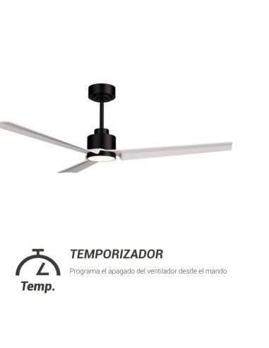 Ventilateur de plafond Anne LED, noir avec pales blanches, alimentation CC pour grands espaces, minuterie