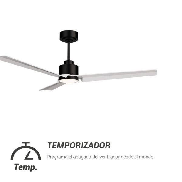 Ventoinha de teto Anne LED, preto com pás brancas, corrente contínua para espaços amplos, com temporizador.