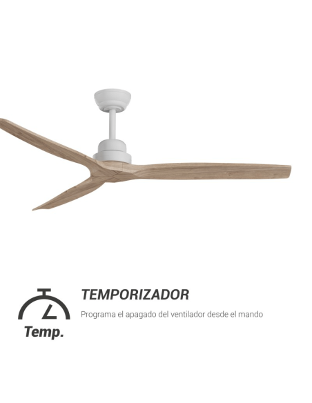 Ventilador de teto de madeira natural XL para varanda para interior/exterior DC temporizador branco