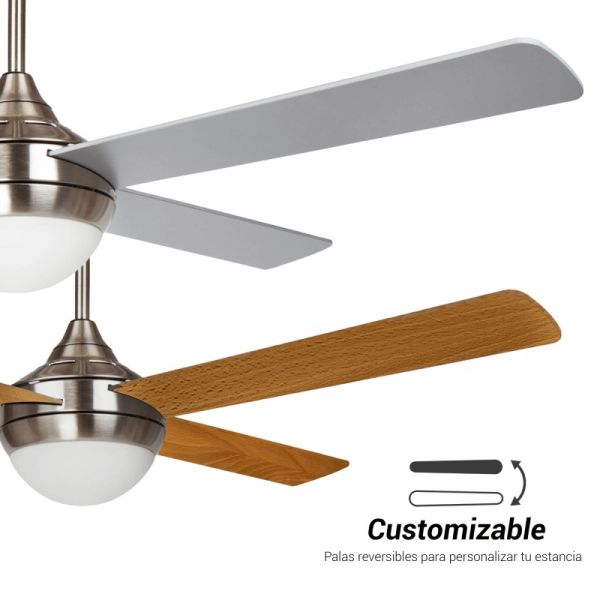 Ventilador de teto Baloo níquel cinza LED E27 pás claras/escuras reversíveis