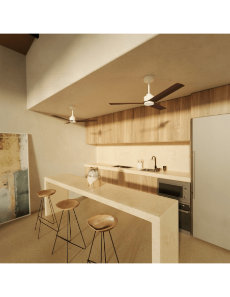 Ventilateur de plafond blanc Anne LED avec pales en bois foncé DC pour grands espaces ambiants