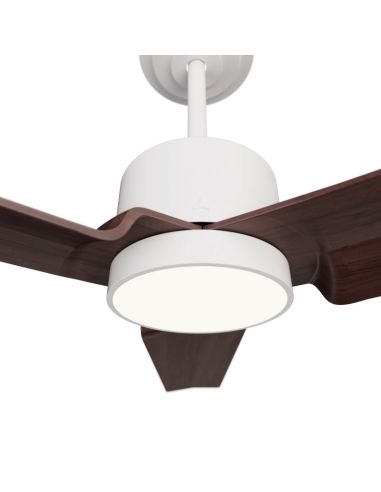 Ventilateur de plafond à DEL blanc Anne avec pales en bois foncé DC pour les grands espaces avec des détails clairs