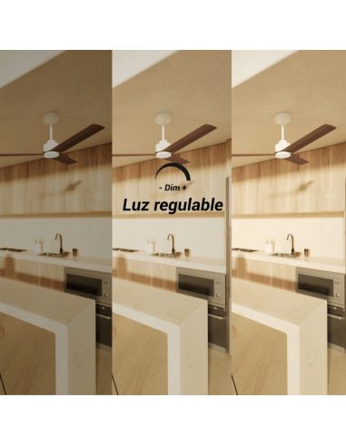 Ventilador de teto branco Anne LED com lâminas de madeira escura DC para grandes espaços com luz ajustável