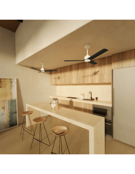 Ventilador de teto branco Anne LED com pás DC pretas para grandes espaços ambientais