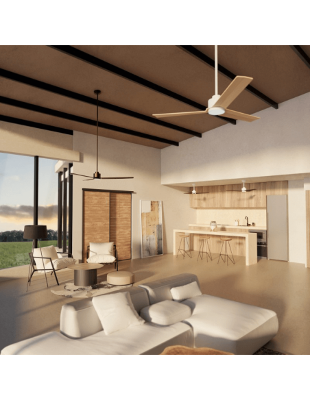 Ventilador de teto branco Anne LED com pás de madeira clara DC para grandes espaços ambientais