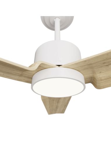 Ventilador de teto branco Anne LED com pás de madeira clara DC para grandes espaços com detalhes de luz