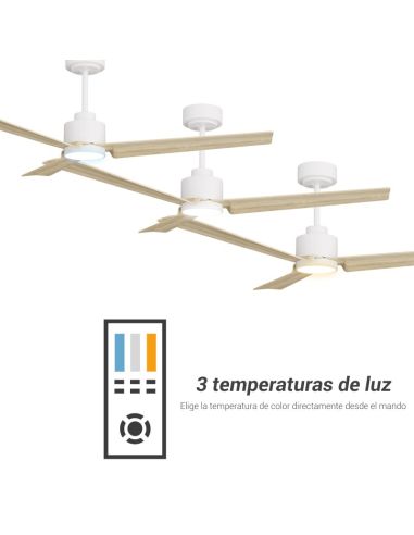 Ventilador de teto branco Anne LED com lâminas de madeira leve DC para grandes espaços com temperaturas de luz