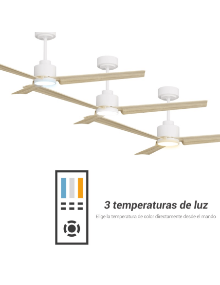 Ventilador de teto branco Anne LED com lâminas de madeira leve DC para grandes espaços com temperaturas de luz