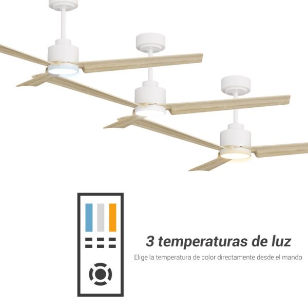 Ventilador de Techo LED Anne blanco con palas madera clara DC para espacios amplios temperaturas de luz