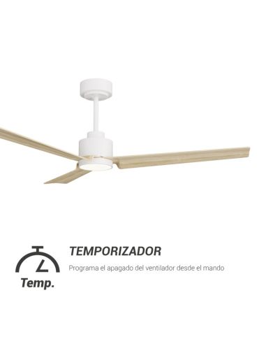 Ventilador de teto branco Anne LED com pás de madeira clara DC para grandes espaços com temporizador