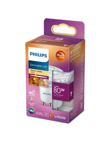 Bombilla LED GU10 Regulable 6,2W - 80W CRI90 36º Regulable WarmGlow 2.200K-2.700K Philips | LeonLeds