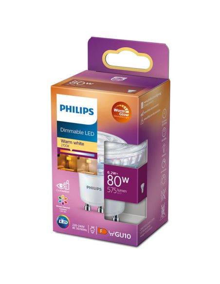 Bombilla LED GU10 Regulable 6,2W - 80W CRI90 36º Regulable WarmGlow 2.200K-2.700K Philips | LeonLeds