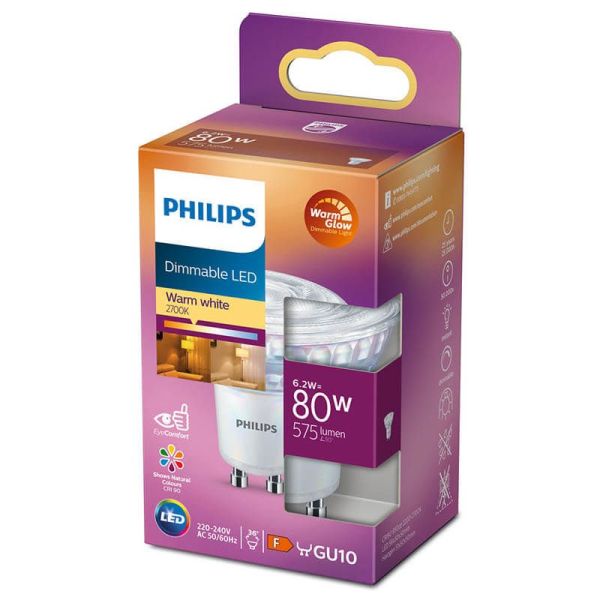 Bombilla LED GU10 Regulable 6,2W - 80W CRI90 36º Regulable WarmGlow 2.200K-2.700K Philips | LeonLeds