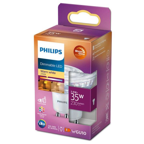 Bombilla LED GU10 Regulable 2,6W - 35W CRI90 36º Regulable WarmGlow 2.200K-2.700K Philips | LeonLeds