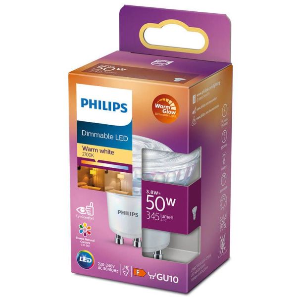 Bombilla LED GU10 Regulable 3,8W - 50W CRI90 36º Regulable WarmGlow 2.200K-2.700K Philips | LeonLeds