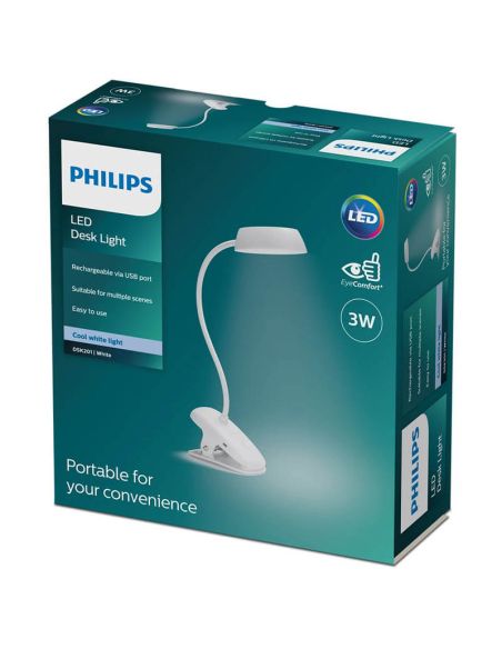 Col de Cygne LED Rechargeable Blanc avec Donutclip 3W 4000K DSK201 Philips | leonleds