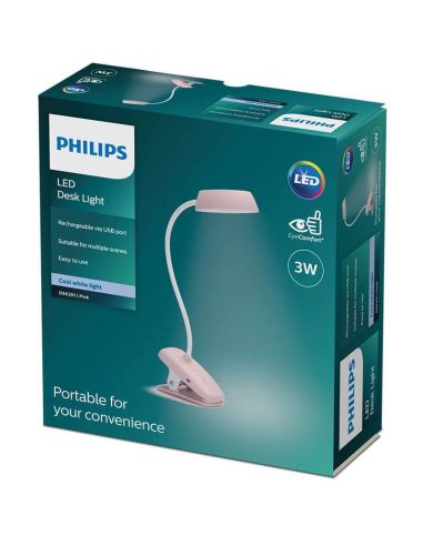 Flexo LED rosa con pinza y recargable Donutclip 3W 4000K DSK201 Philips | LeonLeds