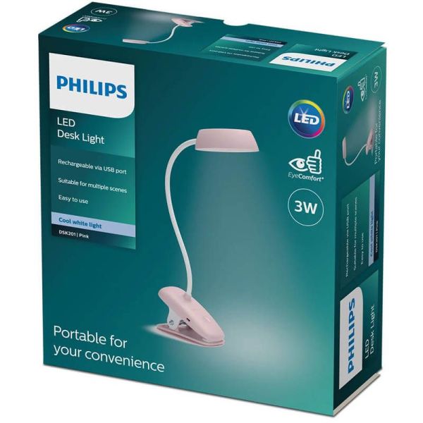 Flexo LED rosa con pinza y recargable Donutclip 3W 4000K DSK201 Philips | LeonLeds