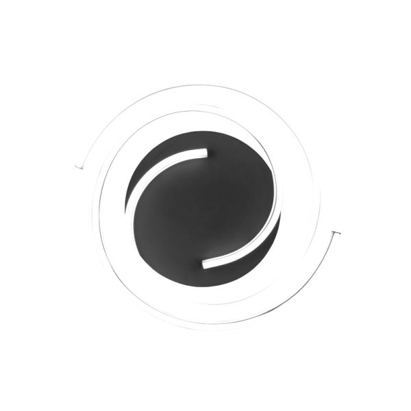 Plafón de techo Caya espiral negro encendido vista desde arriba| LeonLeds