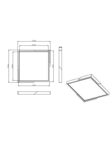 Luminária de teto LED integrada quadrada 20W medidas do produto| leonleds