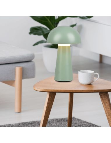 Lampe de table LED verte Lennon sur une petite table | leonleds