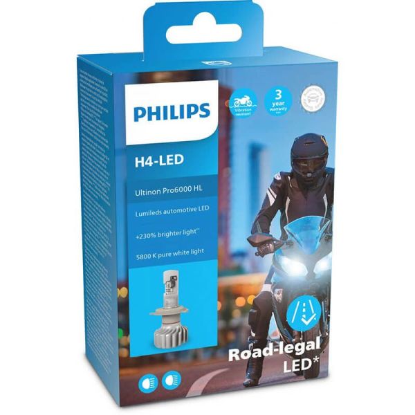 Bombilla LED H4 Ultinon PRO6000 12V +230% mas de luz LUM11342U6000X1 Moto Philips | LeonLeds