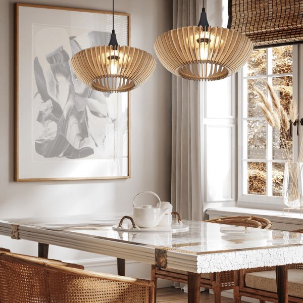 Lámpara de techo colgante LED Colino madera foto ambiente| LeonLeds