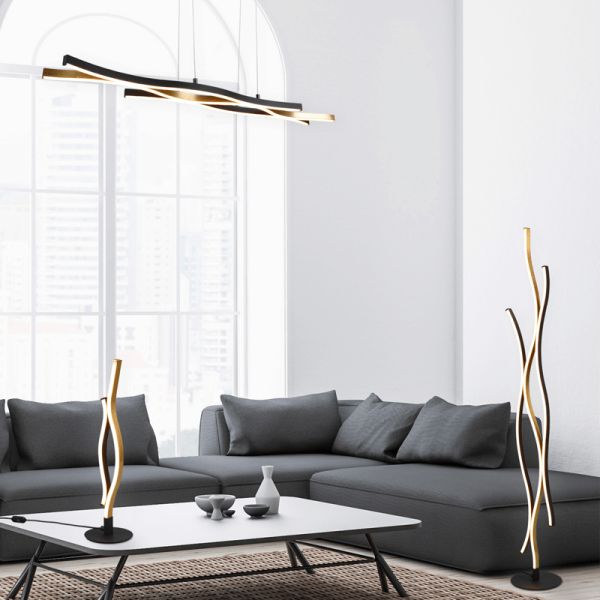 Moderno candeeiro suspenso bronze mate Blaze regulável numa sala de estar | leonleds