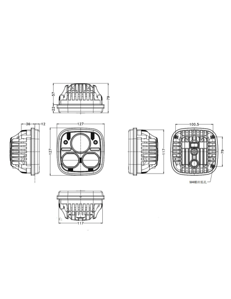 Phare avant à LED carré encastré homologué LED d'une puissance de 30W/60W Mesures | LeonLeds Iluminación