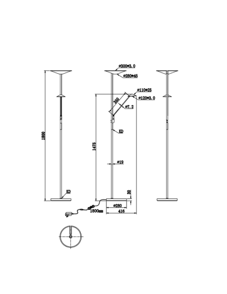 Lampadaire LED 2 lumières Brantford noir fiche technique | leonleds