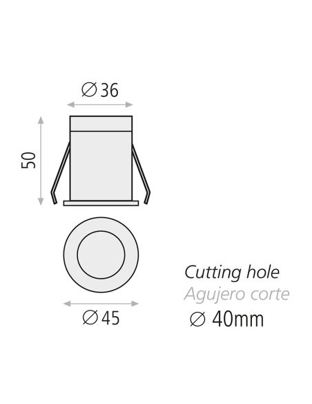 Downlight Empotrable LED Dot Mini blanco  ABS 3W 3000K 245Lm medidas