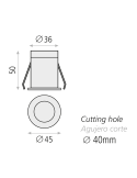 Downlight embutido LED Dot Mini preto ABS 3W 3000K 245Lm medidas