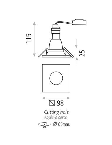 Downlight encastrável quadrado LED Doro branco 8W GU10 CL. II medidas
