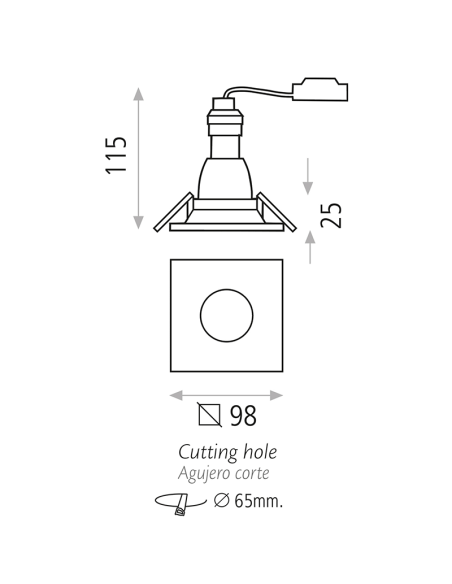 Downlight Empotrable cuadrado LED Doro blanco 8W GU10 CL. II medidas