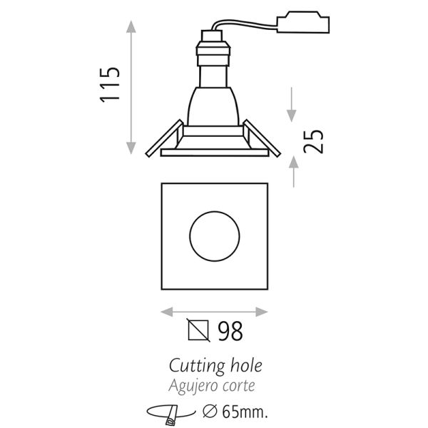 Downlight Empotrable cuadrado LED Doro blanco 8W GU10 CL. II medidas