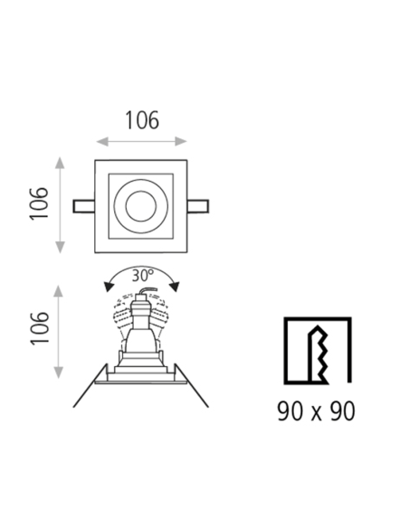 Downlight LED encastré carré blanc San 8W GU10 mesures IP20