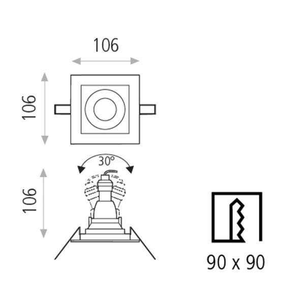 Downlight LED encastré carré blanc San 8W GU10 mesures IP20