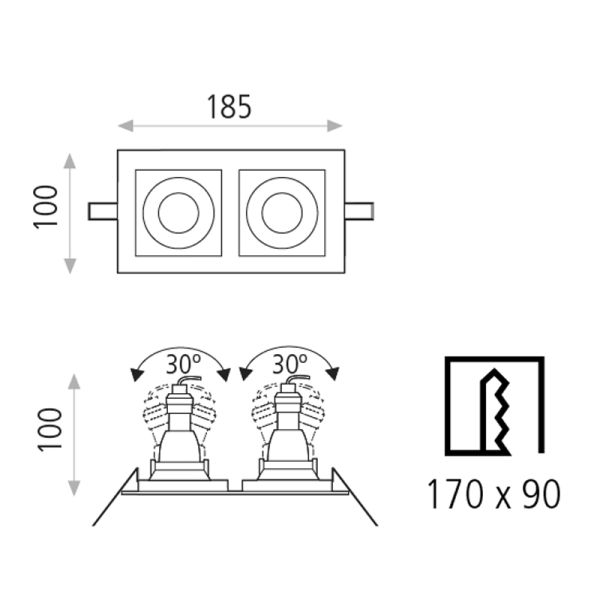 Downlight LED encastrado quadrado San com 2 luzes 8W GU10 IP20 medidas