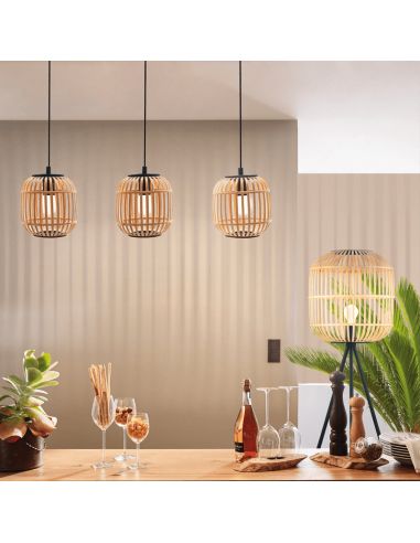 Luminária pendente de teto Bordesley 3 abajures de madeira de bambu E27 ambiente