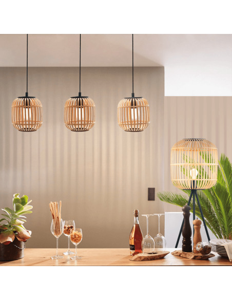 Luminária pendente de teto Bordesley 3 abajures de madeira de bambu E27 ambiente