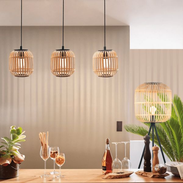 Luminária pendente de teto Bordesley 3 abajures de madeira de bambu E27 ambiente