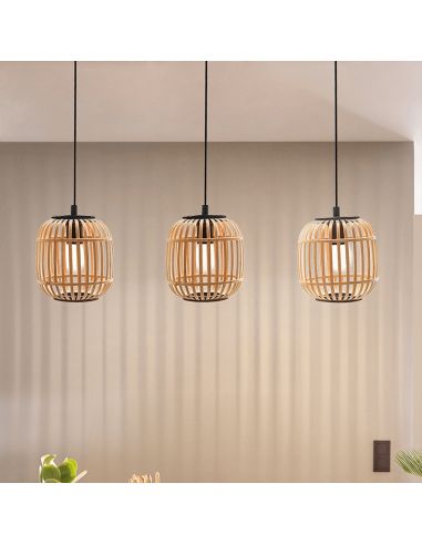 Luminária pendente de teto Bordesley 3 abajures de madeira de bambu E27 ambiente
