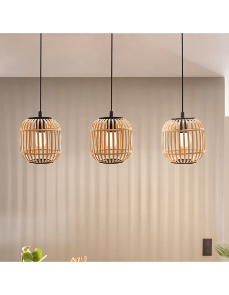 Luminária pendente de teto Bordesley 3 abajures de madeira de bambu E27 ambiente