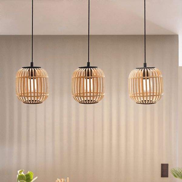 Lámpara colgante de techo Bordesley 3 pantallas de madera de Bambú E27 ambiente