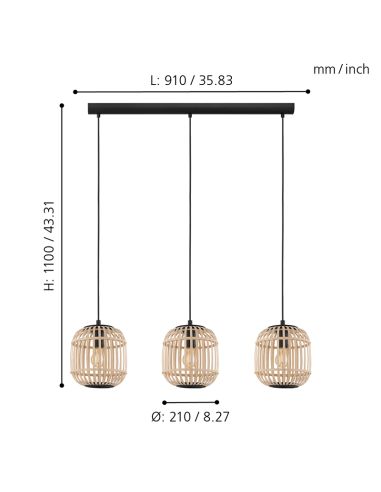 Lámpara colgante de techo Bordesley 3 pantallas de madera de Bambú E27 medidas