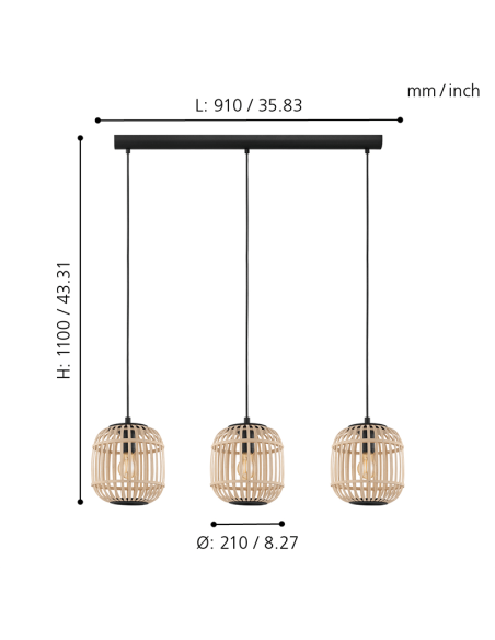 Lámpara colgante de techo Bordesley 3 pantallas de madera de Bambú E27 medidas