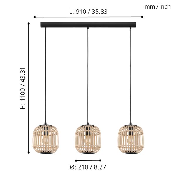 Lámpara colgante de techo Bordesley 3 pantallas de madera de Bambú E27 medidas
