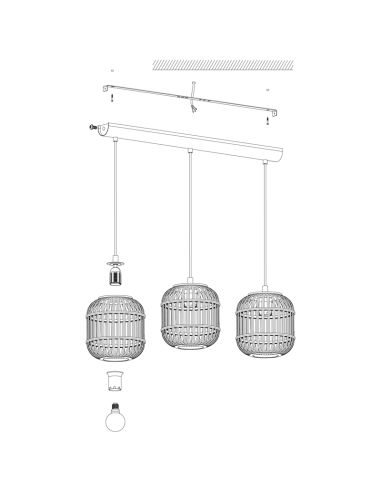 Bordesley Plafonnier Suspension 3 Abat-jour en Bois de Bambou E27 Luminaires de Montage