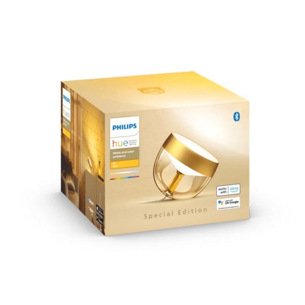 Lámpara de sobremesa LED inteligente Iris oro caja producto | LeonLeds